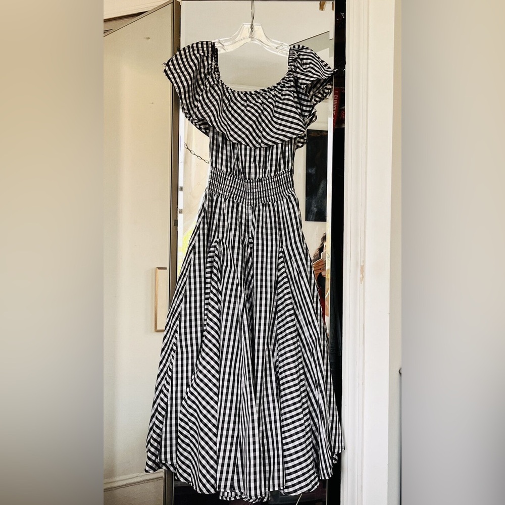 NWT Chelsea & Theodore Black & White Gingham Off the Shoulder Midi Peasant Dress - Picture 5 of 8